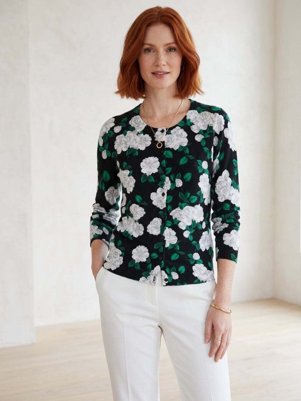 Merona Women’s White Rose Crew Neck Button Down Cardigan- Size Medium